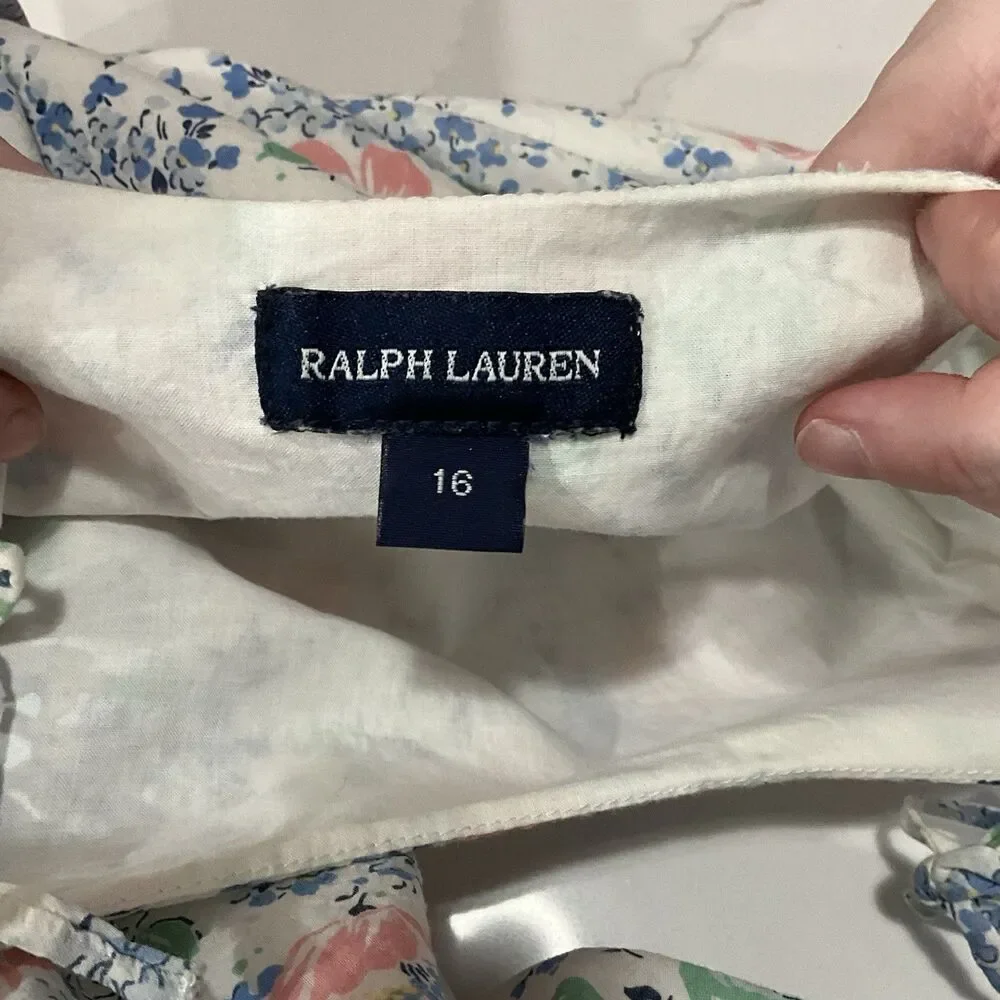 Ralph Lauren Girls Pink & Blue Floral Sleeveless White Spring Dress 16 XL